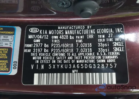 2013 Kia Sorento Ex z USA, uszkodzony, nr VIN 5XYKU3A65DG328757